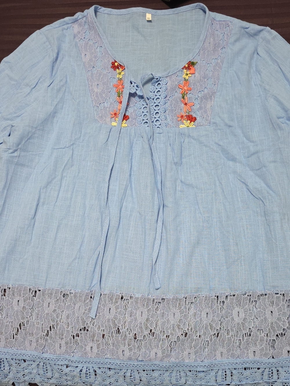 Light Blue Lace-Trim Peasant Top with Floral Embroidery /Linen Blend